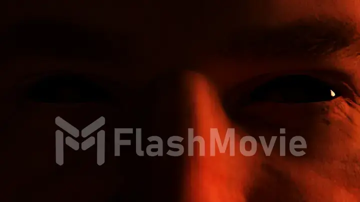 Scary menacing gaze of a man with empty black eyes close-up. Horror concept. Character facial with cinematic lighting. 3d illustration