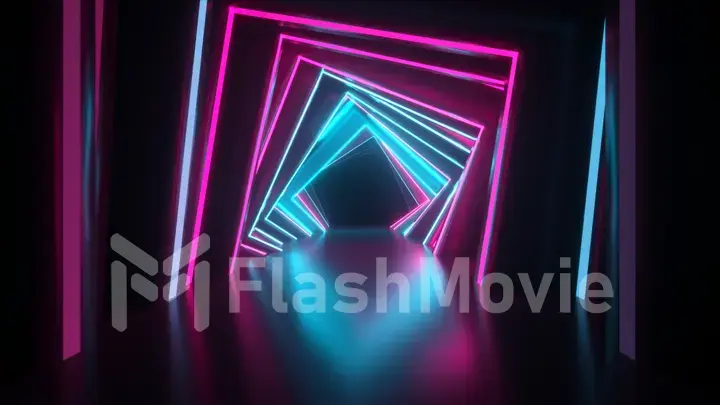 Abstract neon square tunnel technological. Endless swirling animated background. Modern neon light. Bright neon lines sparkle and move forward. 3d illustration