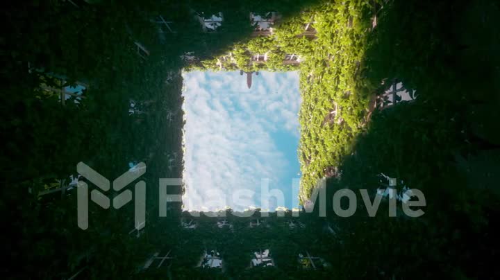 Flying airplane at sunset over a building with vegetation. Business and tourism concept. 3d render