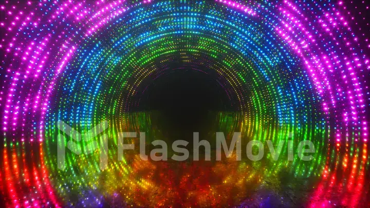 Bright light tunnel of luminous multi-colored dots and a reflective metal scratched texture floor. Light tunnel stage for your video backgrounds, concert visual performance. 3d illustration