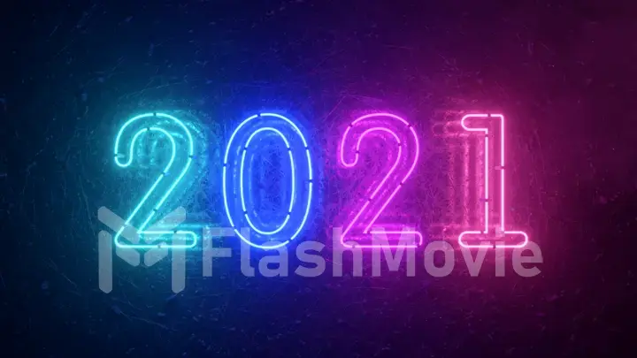 2021 neon sign background new year concept. Happy New Year. Metal background, Modern ultraviolet blue purple neon light. Flicker light. 3d illustration