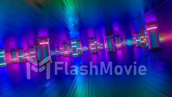 Fly through a futuristic corridor along neon glass pillars and columns. Modern ultraviolet neon glow. 3d illustration