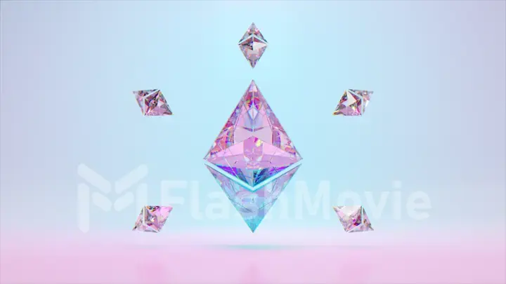A large diamond Ethereum rotates surrounded by small Ethereums. Logo. Cryptocurrency. Blue pink color. 3d Illustration