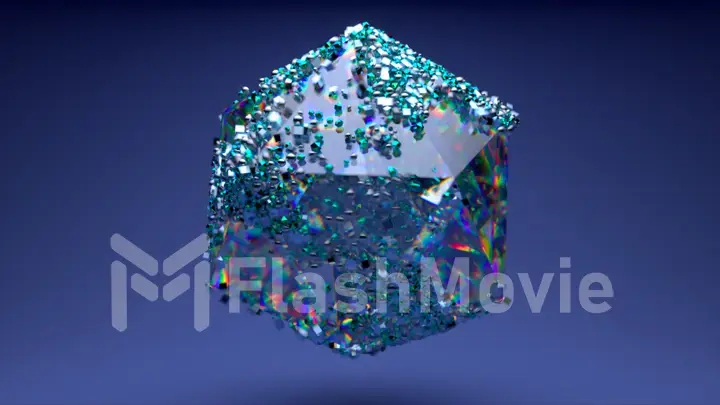 Diamond polyhedral sphere rotates. Blue neon color. Particles are randomly move on the surface. 3d illustration