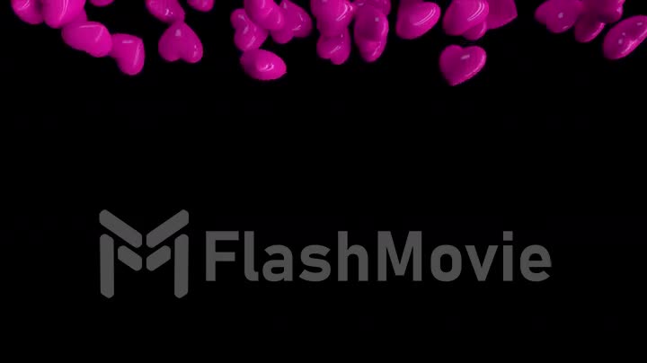 Falling dynamic pink hearts filling the screen on isolated black background. 3d animation