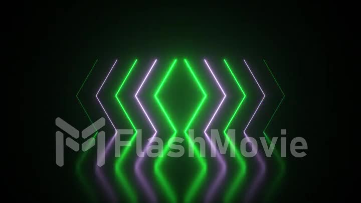 Flashing bright neon arrows light up and go out indicating the direction on the reflective floor. Abstract background, laser show. Ultraviolet neon green light spectrum. Seamless loop 3d render