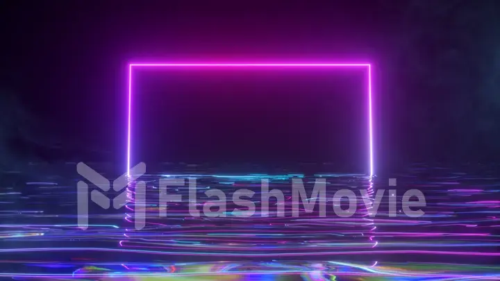 A bright neon frame shimmers with a neon spectrum of light in the water. Smoky background. 3d illustration