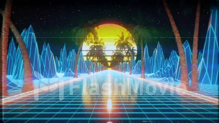 80s retro futuristic sci-fi. Retrowave VJ videogame landscape, neon lights and low poly terrain grid. Stylized vintage vaporwave 3d illustration background with mountains, sun and stars.