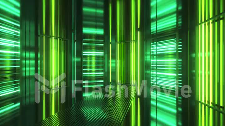 Bright neon lights in a metal room. Modern fluorescent light. Green yellow neon spectrum. Seamless looping 3d animation