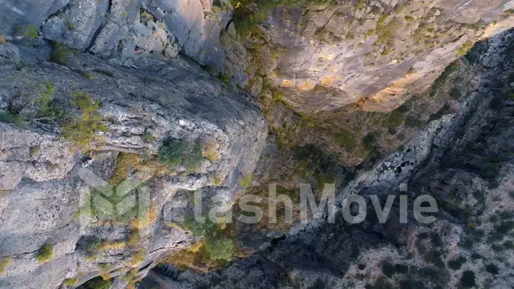 Aerial drone view of a deep canyon. High rocks. Narrow space. River below. Green trees grow along the rocks.