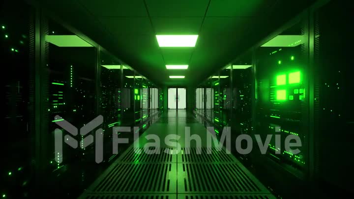 Digital data transmission to data servers behind glass panels in a data center server room. High speed digital lines.