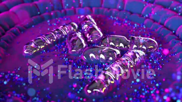 Metal bubble inflates on the floor and turns into a logo. Letter M. Blue purple neon color. Particles and circles around