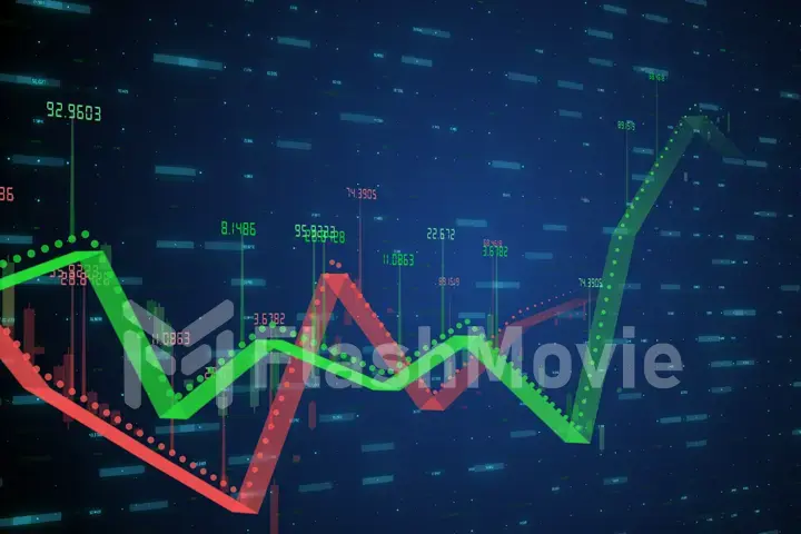 Two growing linear 3d illustration graphics showing positive and negative growth and trends with numbers in red-green on blue tech background with motion