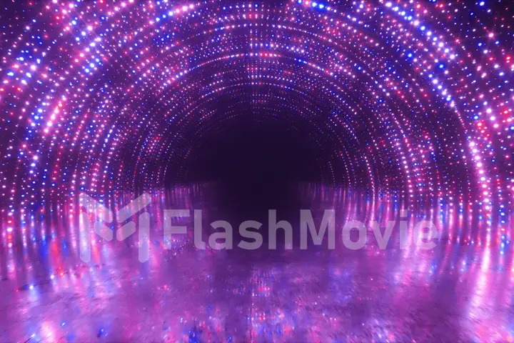 Abstrac motion background. Neon lights. Glowing dots spiral tunnel. Bright vibrant dots. laser illumination. Pink and blue colors. Reflective metal scratched texture floor. 3d illustration