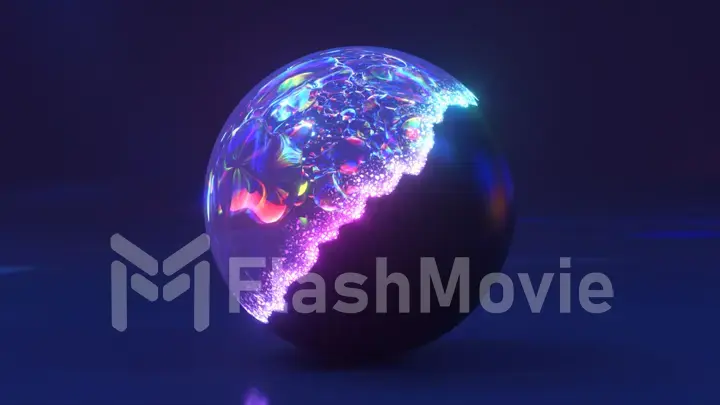 The shiny sphere changes its shell. Under the blue shell, a crystal rainbow ball appears. Blue neon color. Particles.