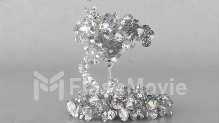 The diamonds fill the martini glass to the brim and scatter around. Ice-cube falling. Cocktail glass. 3d illustration