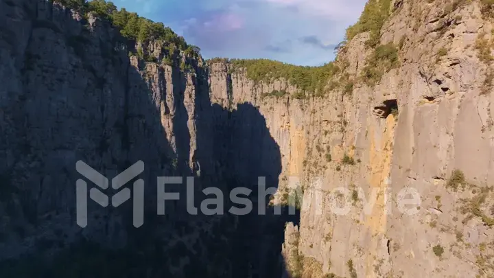 Aerial drone view of canyon in a mountainous area. Sunny day. Green trees. Natural landscape. Photography