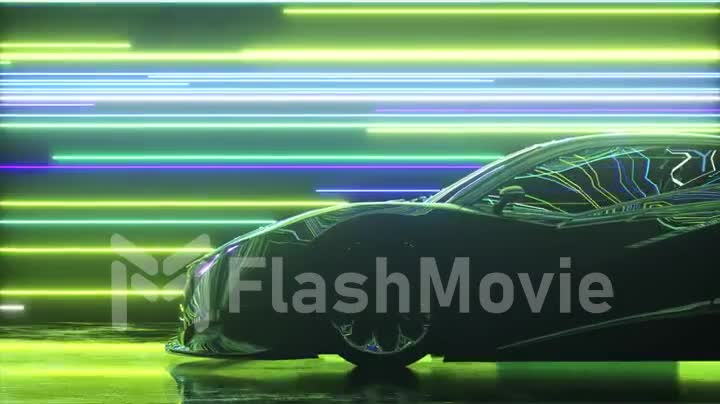 Futuristic concept. Sports car on the background of glowing neon lines. Blue green color. 3d animation of seamless loop
