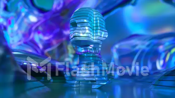 Bright blue abstract background. AI concept. Parts of the head rotate changing matter. Plastic and diamond.