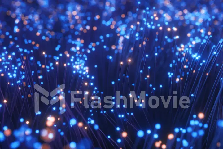 Fiber optic wires with flashing signals. Digital data transmission via fiber optic cable. Bouquet of colored optical fibers with bokeh. Technology concept. 3d illustration