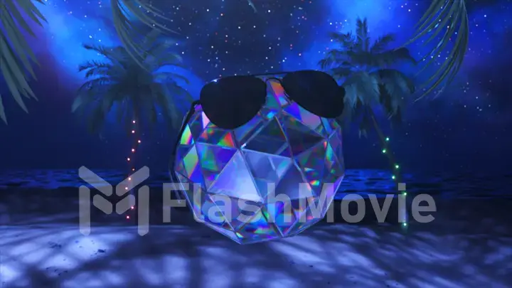 Futuristic concept. Diamond sphere dancing under the disco against the backdrop of palm trees. Sunglasses. Starry sky