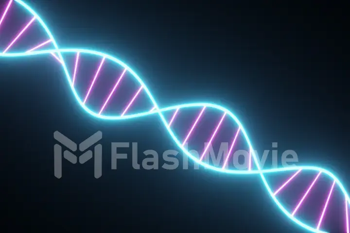 Rotating neon dna chain. Fluorescent ultraviolet lights. Sci-fi style. Modern neon blue purple light spectrum. 3d illustration