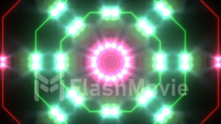 Abstract disco kaleidoscopes background with glowing neon colorful lines and geometric shapes for music videos, VJ, DJ, stage, LED screens, show, events, christmas videos, night clubs. 3d illustration