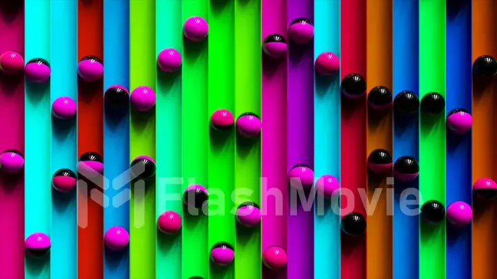 Bright colorful background with rolling balls along the paths. Minimalism and fashion concept. 3d illustration