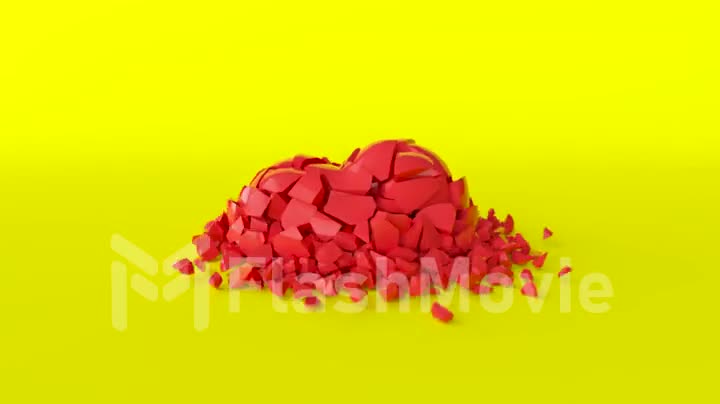 The red heart breaks to smithereens on the yellow surface. Broken heart concept. 3d animation