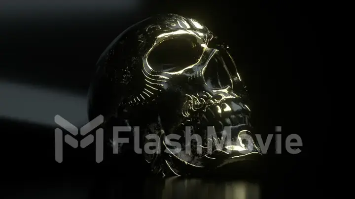 Human skull with gold accents close-up. Horror and halloween fear concept. 3d illustration