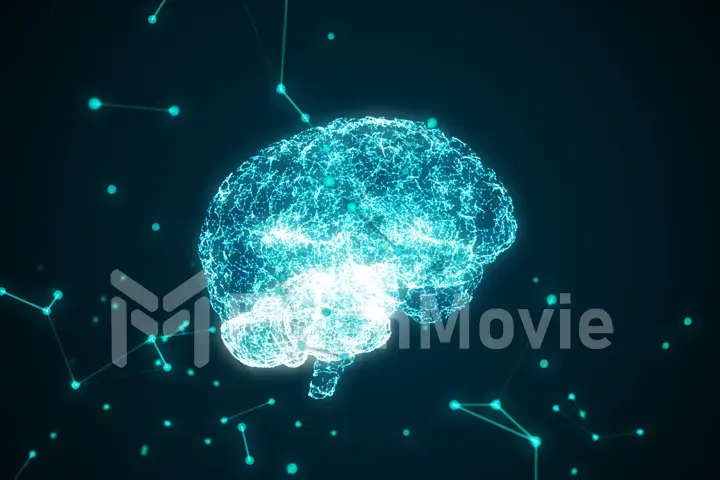 Human brain being formed by particles. Plexus structure evolving around. Blue abstract futuristic science and technology background. 3D rendering. Depth of field settings.