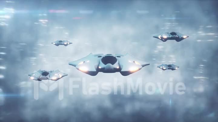 Futuristic 3d scene, the flight of aircraft on the tech city in the fog