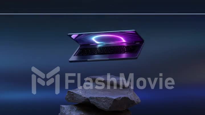 Technological concept. The laptop flies and rotates over the stone figure. Neon light. Blue abstract background