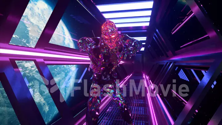 Space horror movie concept. Diamond Zombie walks through the neon corridor of the spaceship. Planet Earth