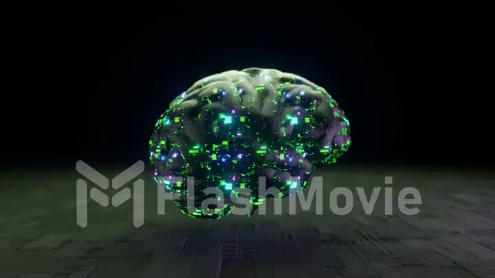Futuristic concept. A glass brain floats above the surface. Microcircuits. Green azure neon light. 3d Illustration