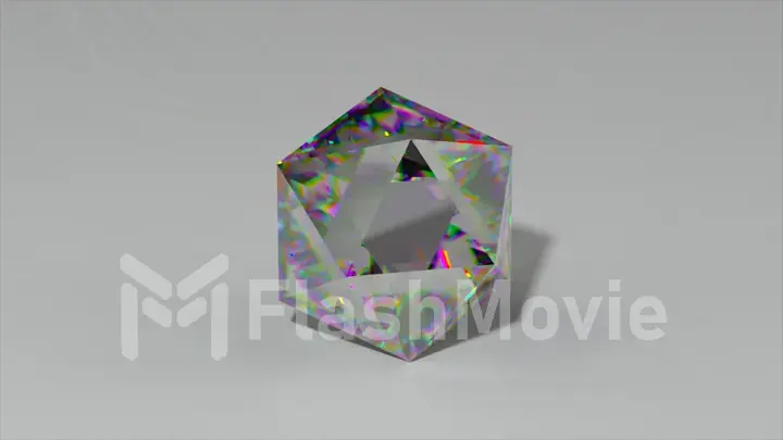 Sparkling light rhombus cut diamond with shadow and glowing highlights on white background.