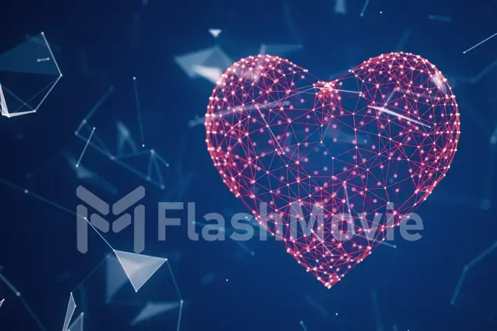 The digital heart icon is formed from particles in a network cloud of lines and points. The heart of technology 3d illustration