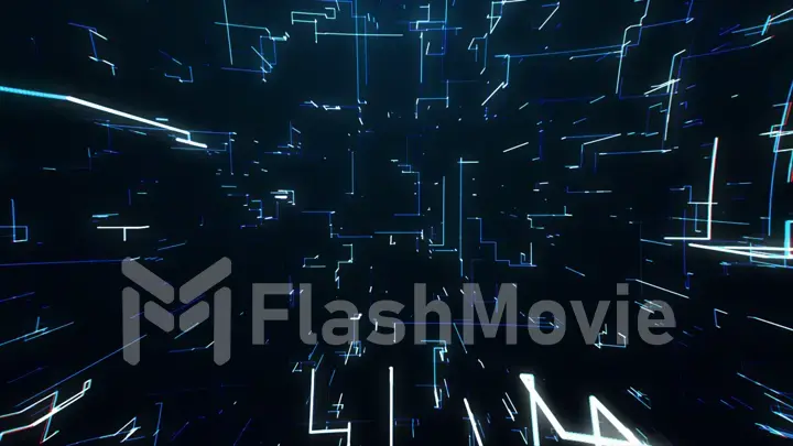 The surface of technology with lines of chaos and grid is an abstract computer image with chromatic aberrations. Digital art: a dark technical, sci-fi or sci-fi background. 3d illustration