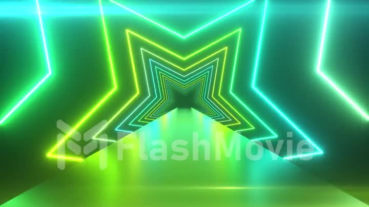 Abstract digital background with rotating neon stars. Modern green light spectrum. Seamless loop 3d render.