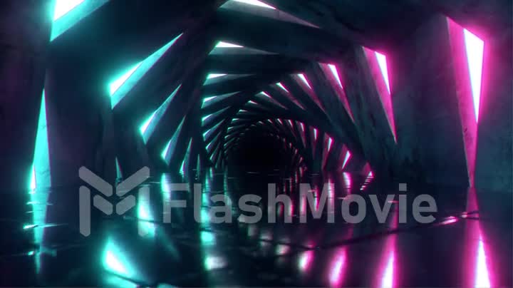 Flying through a luminous neon corridor of swirling hexagons. Blue red pink purple spectrum, fluorescent ultraviolet light in the tunnel, modern colorful lighting, 4k seamless loop cg animation