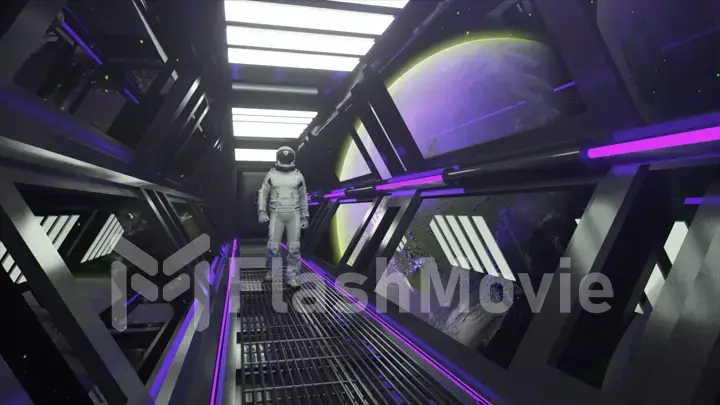 Astronaut walks in the tunnel of a spaceship. Sci-Fi futuristic space corridor. Moon orbit. Blue neon light.