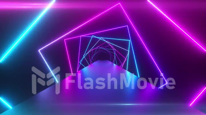Abstract geometric background with rotating squares, fluorescent ultraviolet light, glowing neon lines, spinning tunnel, modern colorful blue red pink purple spectrum, seamless loop 3d render