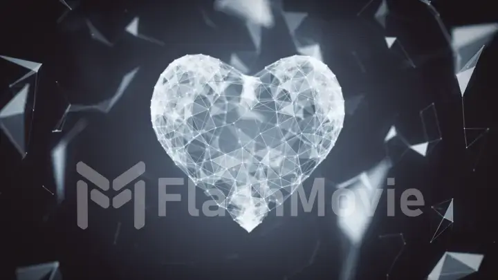 The digital heart icon is formed from particles in a network cloud of lines and points. The heart of technology 3d illustration