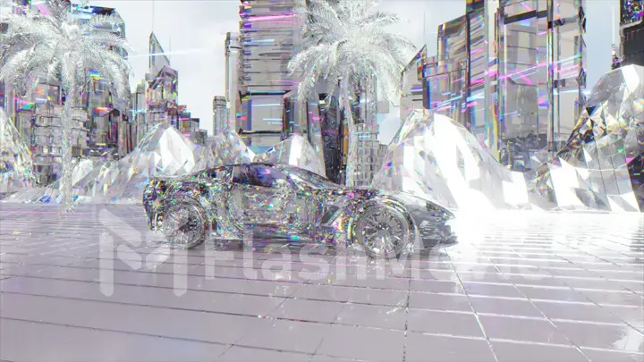 Futuristic concept. The diamond sports car drives through the diamond city. Road. Travel. 3d Illustration