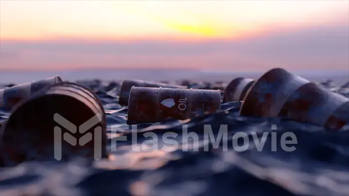 Oil pollution of nature. Embargo. Empty oil barrels float in a sea of oil. Sunset. 3d illustration