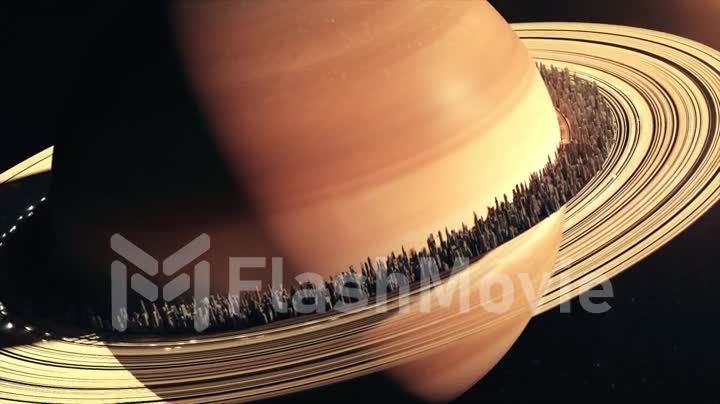 Planet Saturn in outer space. City located along the rings of Saturn, the concept of the colonization of Saturn. 3d animation