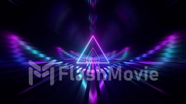 Sci-fi tunnel with neon triangles. An endless flight forward. Modern neon lighting. Seamless loop 3d render
