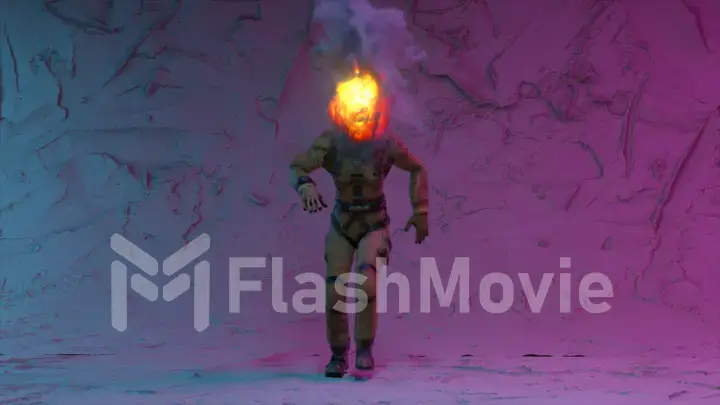 An astronaut with a burning head dances a modern dancing in front of purple illuminated lights. Abstract background.