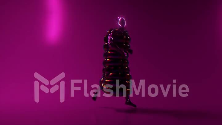 Cyberpunk guy dancing on a disco background. Neon. Flashing light. Jacket. Helmet. 3d animation of seamless loop