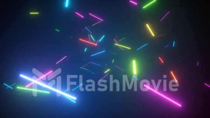 Infinite flight in space among fluorescent neon lamps. Modern rainbow spectrum. 3d illustration